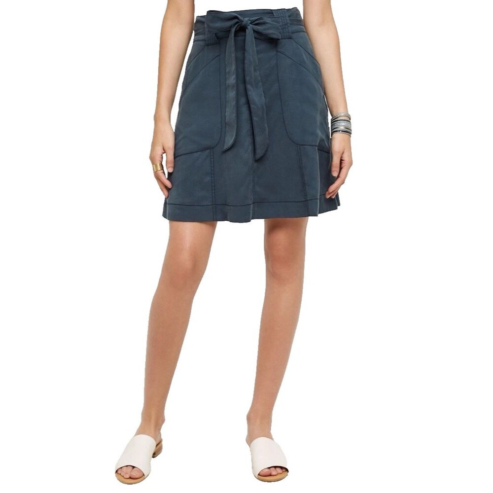 Anthropologie HD in Paris Sz 4 Blue Belted Pockets Summer Skirt